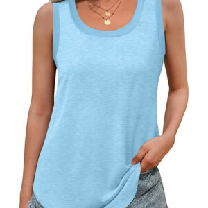 MOSHU Ribbed Trim Tank Tops for Women Flowy Round Neck Women Shirts Loose Fit Sleeveless Summer Tops