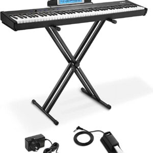Moukey 88 Key Full-Size Weighted Electric Piano with 43 demo songs 83 rhythms 128 Premium Tones, Fabulous DREAM Chip, Includes Sustain Pedal, Stand, Power Supply, Excellent Gift...