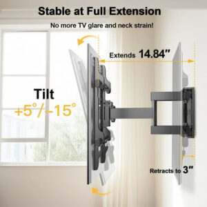 MountFTV Full Motion TV Wall Mount Bracket for 37-85" TV with Swivel Tilt Extension, UL Listed heavy duty TV Wall Mount, Max 600x400mm, Holds up to 132 lbs, Fits 12" 16" Studs