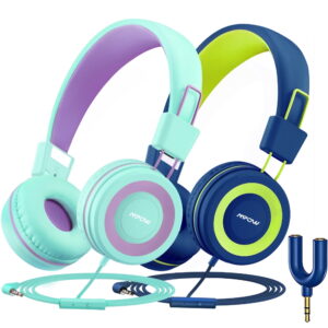 Mpow Kids Headphones with Microphone(2 Pack), Stereo Audio Share & 91dB Volume Limit Foldable Adjustable Wired Headphones for Kids, Kids Headphones for School Tablet Airplane,...