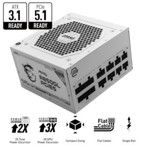 MSI MAG A850GL PCIE 5.1 White Gaming Power Supply - Full Modular - 80 Plus Gold Certified 850W - ATX 3.1 & PCIE 5.1 Ready Compact Size - ATX PSU - 10 Year Warranty