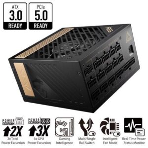 MSI - MEG Ai1300P PCIE5, 80+ PLATINUM Full Modular Gaming PSU, 12V-2x6 Cable, 5080 5090 ATX 3.1 & PCIE 5.1 Ready, 1300W Power Supply, 10 Year Warranty