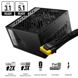 MSI MPG A850G PCIE 5.1 & ATX 3.1 Gaming Power Supply - Full Modular - 80 Plus Gold Certified 850W - 100% Japanese 105°C Capacitors - Compact Size - ATX PSU - 10 Year Warranty