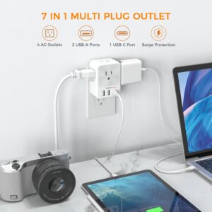 Multi Plug Outlet Extender, TESSAN Multiple Plug Extension Block with 4 AC Splitter, 2 USB A Ports and 1 USB C Port, Surge Protector Wall Outlet Expander for Home Office Dorm...