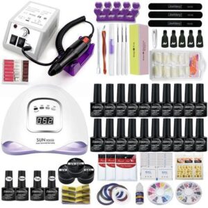 Nail Set with 80W UV LED Nail Lamp Optional 20/10 Color Polish with Base Top Coat Extension Electric Nail drill kit