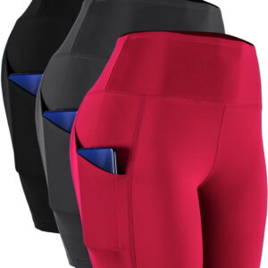 NELEUS Womens High Waist Yoga Shorts for Bike Compression Two Side Pockets,Black+Gray+Red,US Size S