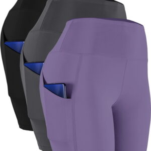 NELEUS Womens High Waist Yoga Shorts for Bike Compression Two Side Pockets 3 Packs,Black+Gray+Light Purple,US Size 3XL