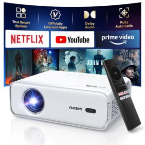 Netflix-Officially Projector, Aurzen Eazze D1 4K Supported Smart Projector with HDR10, DoIby Audio, Auto Focus, WiFi Bluetooth Portable Projecteur for Outdoor, White