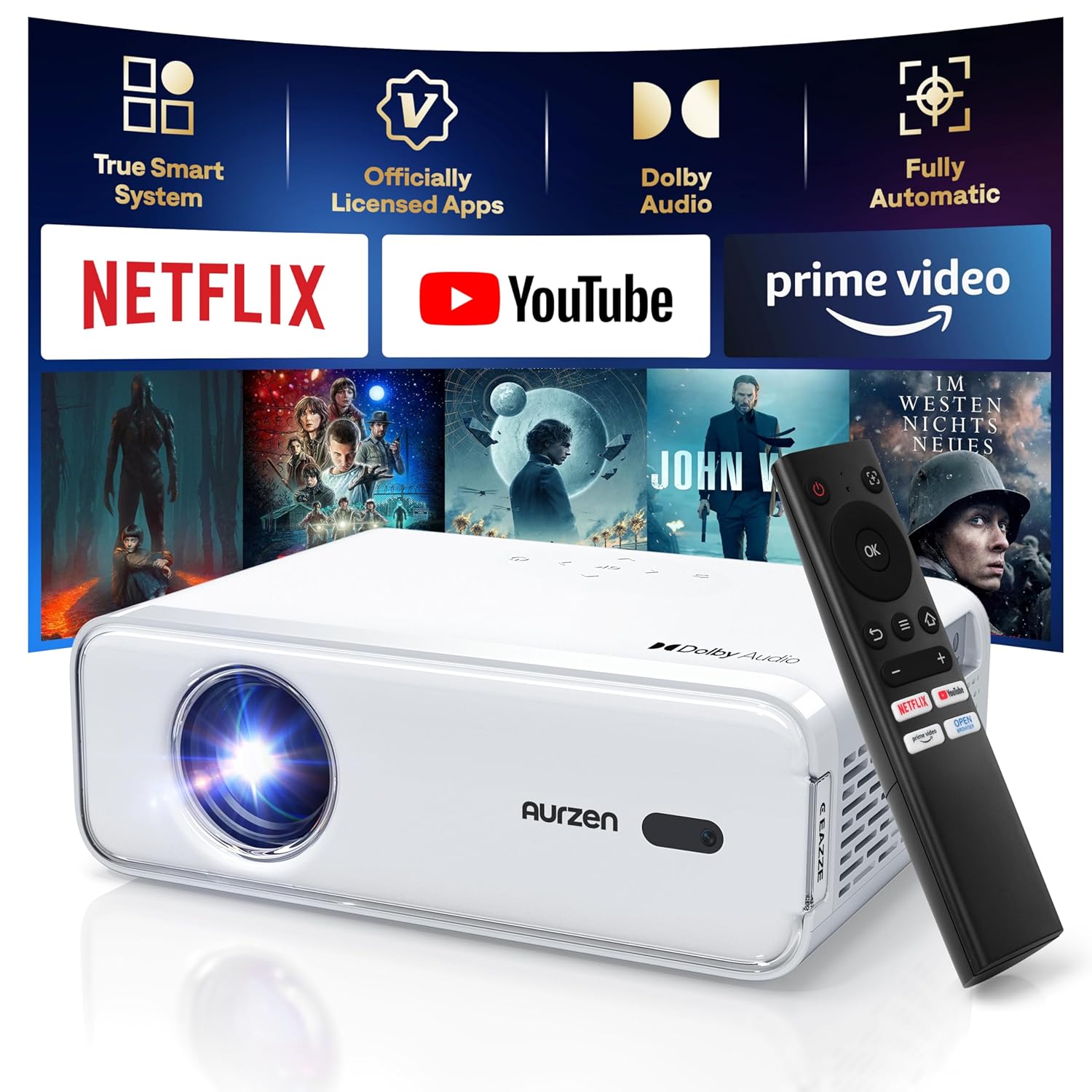 Netflix-Officially Projector, Aurzen Eazze D1 4K Supported Smart Projector with HDR10, DoIby Audio, Auto Focus, WiFi Bluetooth Portable Projecteur for Outdoor, White