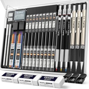 Nicpro 35PCS Art Mechanical Pencil Set, 3 PCS Metal Drafting Pencil 0.5 mm & 0.7 mm & 0.9 mm & 3 PCS 2mm Lead Holder (6B 4B 2B HB 2H 4H Colors) For Sketching Drawing With 20...