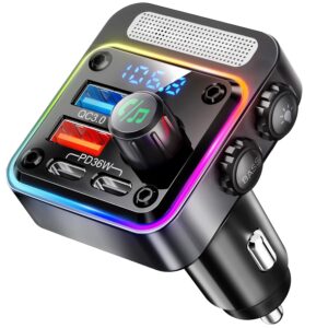 Nulaxy 54W Bluetooth 5.3 Car Adapter with 4 Charging Ports [PD 36W & QC3.0 18W], Wireless Radio FM Transmitter with Deep Bass Player & 5 Colors LED Backlit, Hands-Free Calling -...