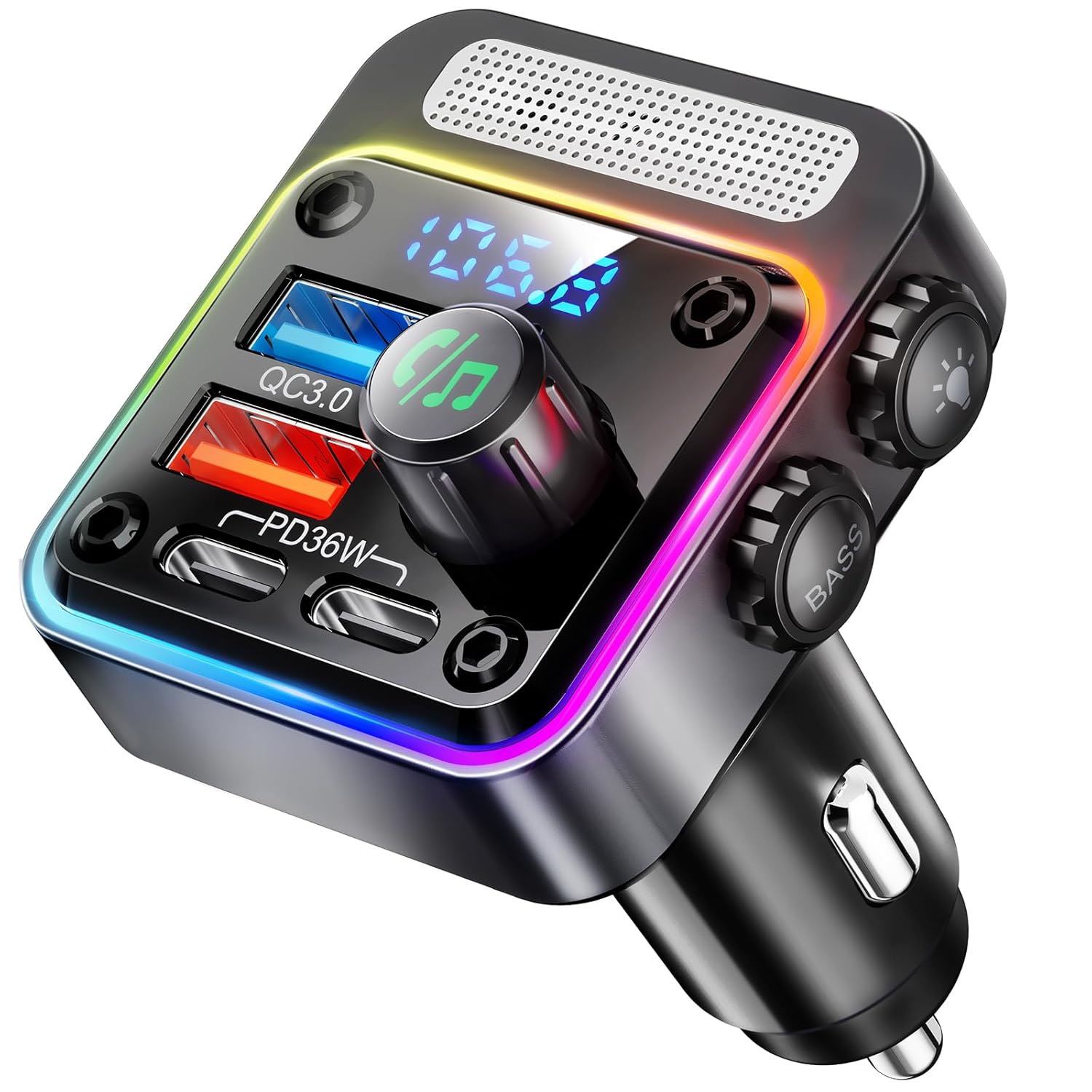 Nulaxy 54W Bluetooth 5.3 Car Adapter with 4 Charging Ports [PD 36W & QC3.0 18W], Wireless Radio FM Transmitter with Deep Bass Player & 5 Colors LED Backlit, Hands-Free Calling -...