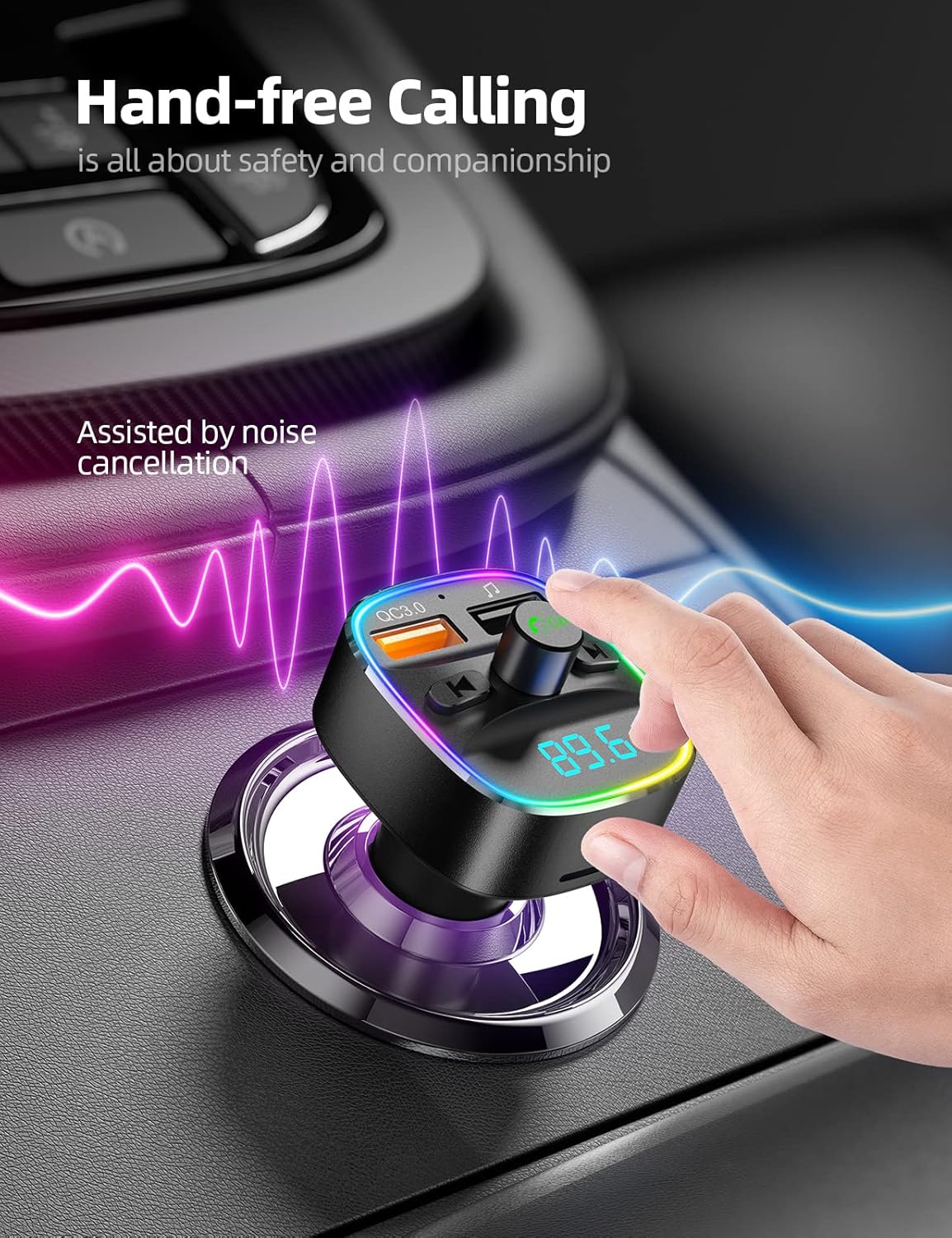 Nulaxy Bluetooth FM Transmitter for Car, Upgraded QC3.0 & 5V 1A Dual USB Charger Bluetooth Car Adapter Wireless Radio, 7-Color LED Backlit Light, Hands-Free Calling, Support USB...