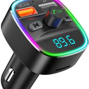 Nulaxy Bluetooth FM Transmitter for Car, Upgraded QC3.0 & 5V 1A Dual USB Charger Bluetooth Car Adapter Wireless Radio, 7-Color LED Backlit Light, Hands-Free Calling, Support USB...