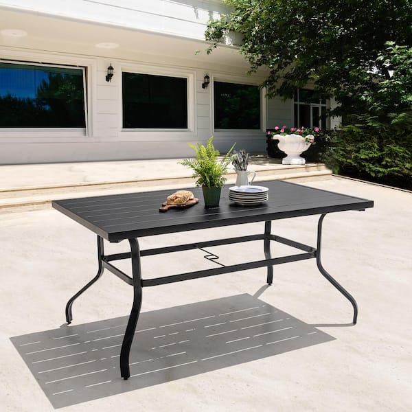 Nuu Garden Black Rectangle Metal Outdoor Patio Dining Table with Umbrella Hole TA103