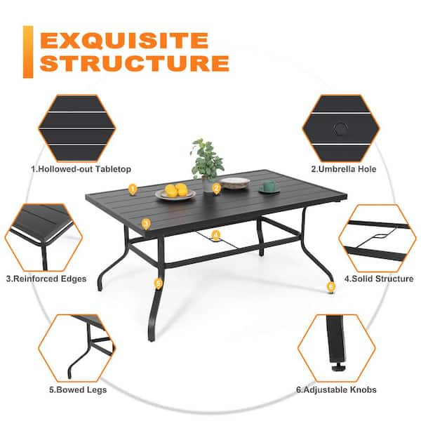 Nuu Garden Black Rectangle Metal Outdoor Patio Dining Table with Umbrella Hole TA103
