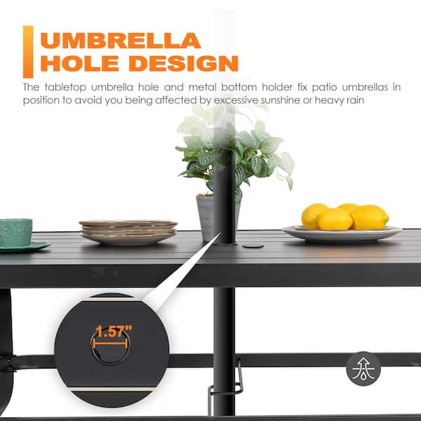 Nuu Garden Black Rectangle Metal Outdoor Patio Dining Table with Umbrella Hole TA103