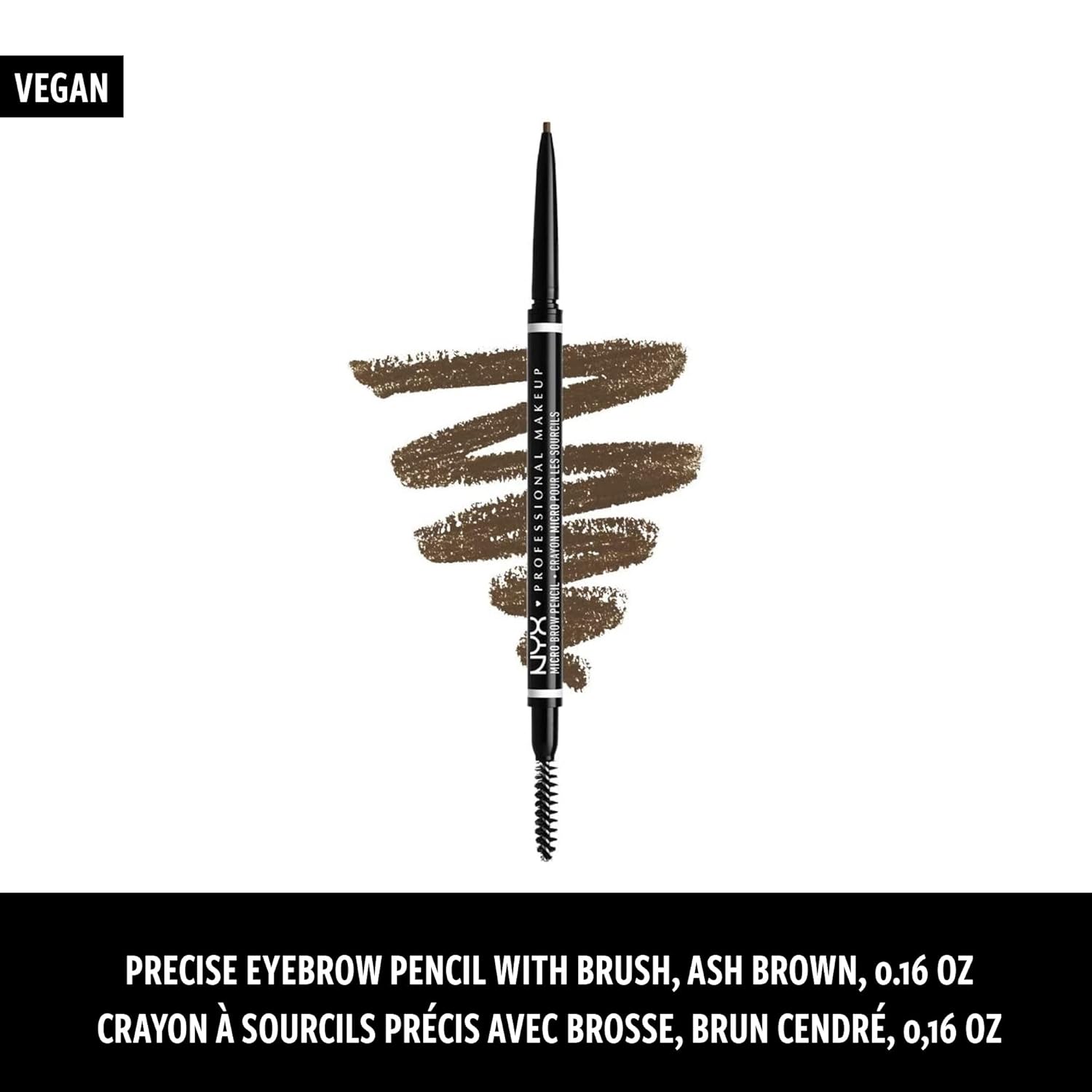 NYX Professional Makeup Micro Brow Pencil, Dual- Ended Eyebrow Pencil, With Integrated Spoolie, For Natural Looking Brows, Vegan Formula, Ash Brown, 0.003 oz - .09g