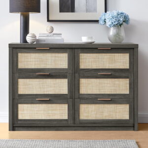 OAKHAM 6 Drawer Dresser, Rattan Wide Chest of Drawers for Bedroom Living Room, Large, Midnight Oak