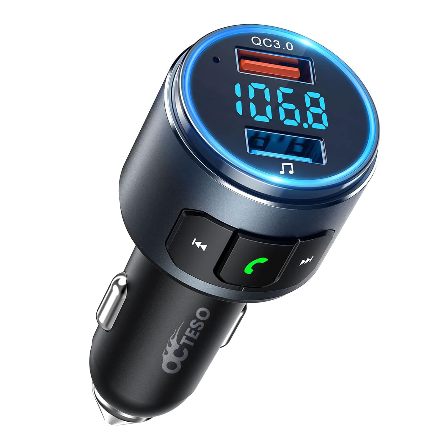 Octeso Upgraded V5.3 Bluetooth FM Transmitter for Car, QC3.0 & LED Backlit Wireless Bluetooth FM Radio Adapter Music Player/Car Kit with Hands-Free Calls, Siri Google Assistant