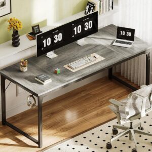 ODK 63 Inches Large Computer Desk for Home Office, Modern Desk for Small Spaces, Writing Desk with Headphone Hooks, Grey Oak