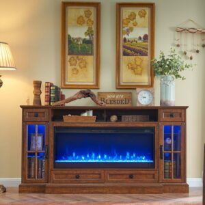 OKD Fireplace TV Stand for 80 Inch TV, Farmhouse Entertainment Center with 42" Fireplace & LED Lights, Modern Media Console Table with Storage Drawers & Cabinets for Living...