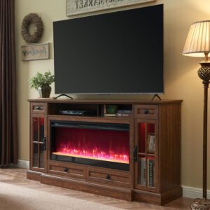 OKD Fireplace TV Stand for 80 Inch TV, Farmhouse Entertainment Center with 42" Fireplace & LED Lights, Modern Media Console Table with Storage Drawers & Cabinets for Living...