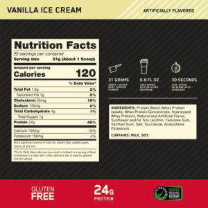 Optimum Nutrition Gold Standard 100% Whey Protein Powder, Vanilla Ice Cream, 1.5 lb Tub, 22 Servings