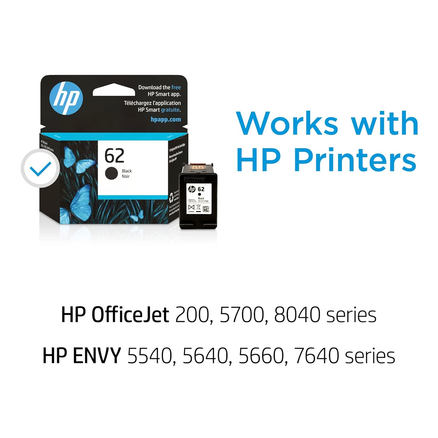 Original HP 62 Black Ink Cartridge | Works with HP OfficeJet 200, 5700, 8040 series, HP ENVY 5540, 5640, 5660, 7640 series | Eligible for Instant Ink | C2P04AN