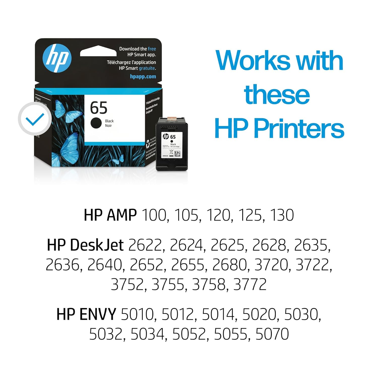 Original HP 65 Black Ink Cartridge | Works with HP AMP 100 Series, HP DeskJet 2600, 3700, 5000 Series, HP ENVY 5000 Series | Eligible for Instant Ink | N9K02AN