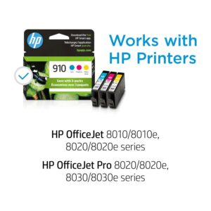 Original HP 910 Cyan, Magenta, Yellow Ink Cartridges (3-pack) | Works with HP OfficeJet 8018, 8022; HP OfficeJet Pro 8020, 8025, 8035| Eligible for Instant Ink | 3YN97AN