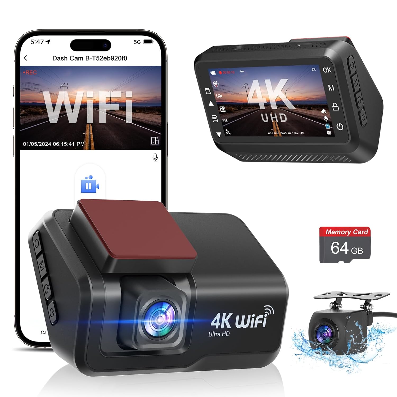 Otovoda Dash Cam Front and Rear Camera, 4K+1080P WiFi Dual Dashcam with APP, 3’’ IPS Dash Camera for Cars with Free 64GB Card, Dashboard Camera with Night Vision, 24/7 Parking...