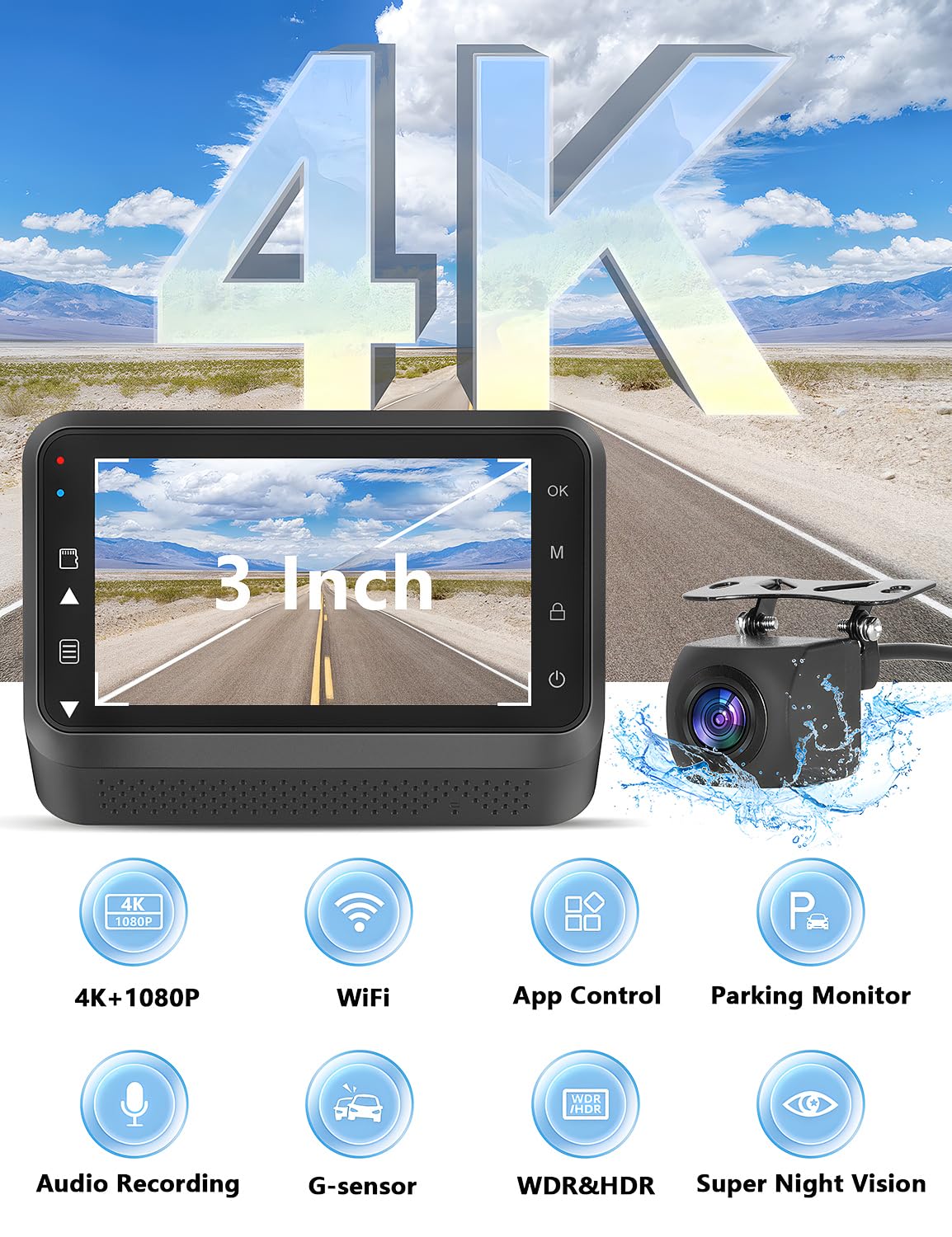Otovoda Dash Cam Front and Rear Camera, 4K+1080P WiFi Dual Dashcam with APP, 3’’ IPS Dash Camera for Cars with Free 64GB Card, Dashboard Camera with Night Vision, 24/7 Parking...