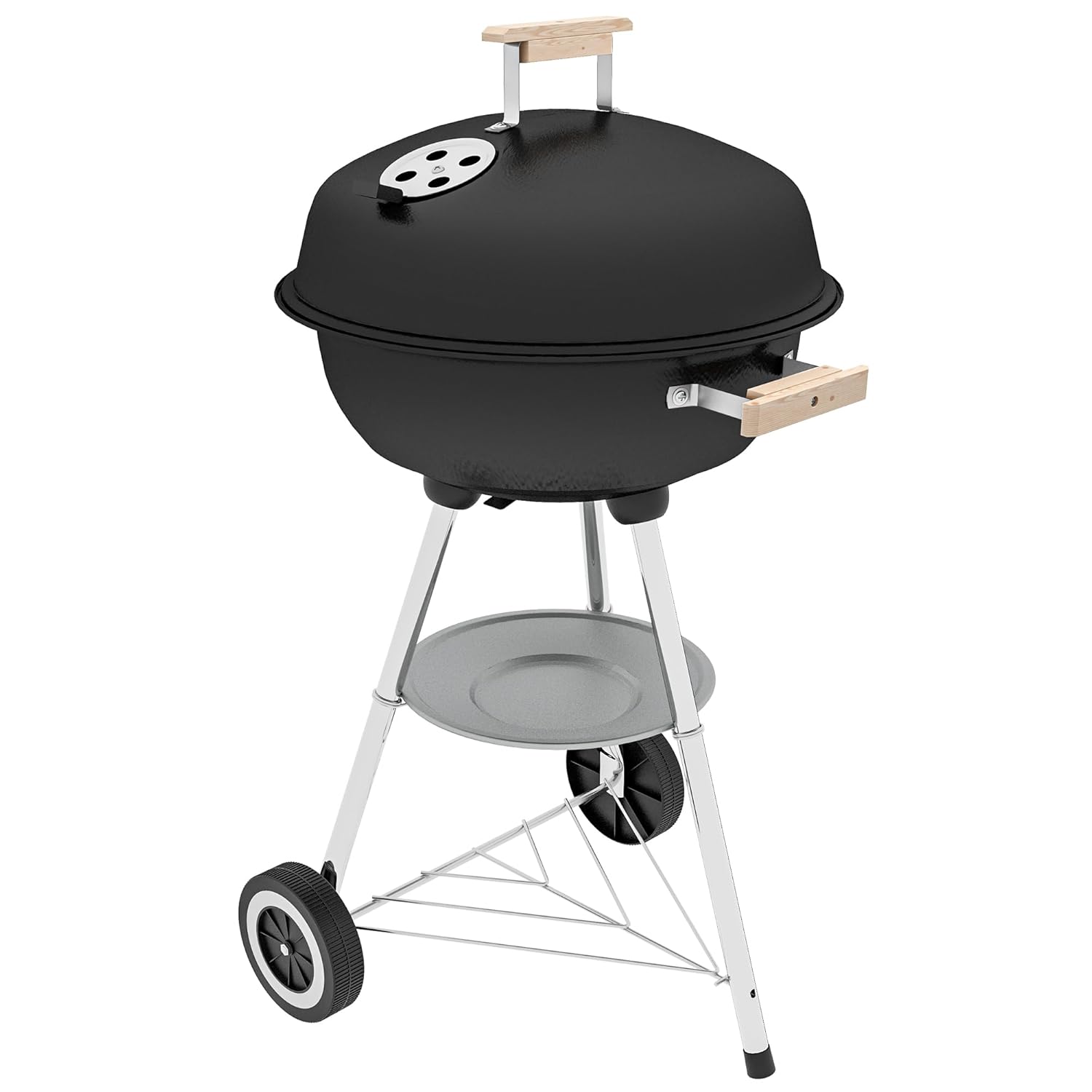 Outsunny Portable Charcoal BBQ Grill, Steel Barbecue Grill with Lid and Air Vents, Outdoor Camp Picnic Cooker with Wheels and Storage Shelf, Black