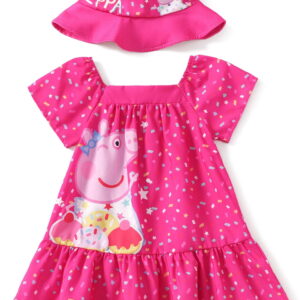 Peppa Pig Toddler Girls Dress with Hat 2 Pcs Sets Pink Graphic Square Neckline Dresses Sizes 2-6