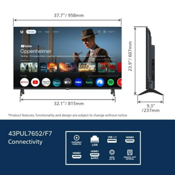 Philips 43" Class 4K Ultra HD (2160p) Google Smart LED TV (43PUL7652/F7) (New)