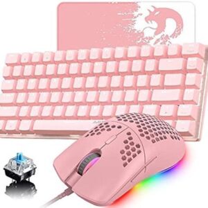 Pink Gaming Keyboard and Mouse,3 in 1 Gaming Set,White LED Backlit Wired Gaming Keyboard,RGB Backlit 6400 DPI Lightweight Gaming Mouse with Honeycomb