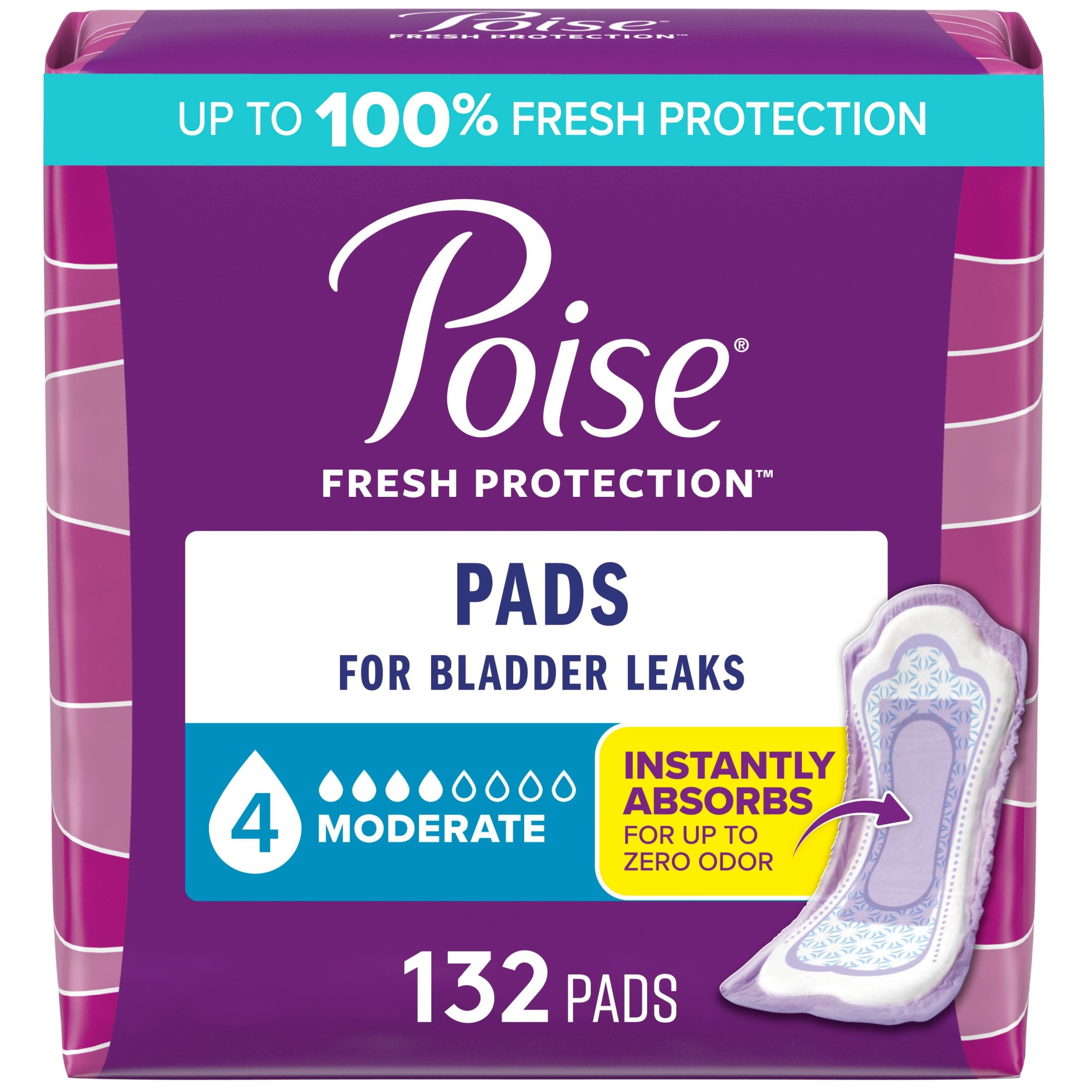 Poise Incontinence Pads for Women, 4 Drop Moderate Absorbency, Regular Length, 132 Count