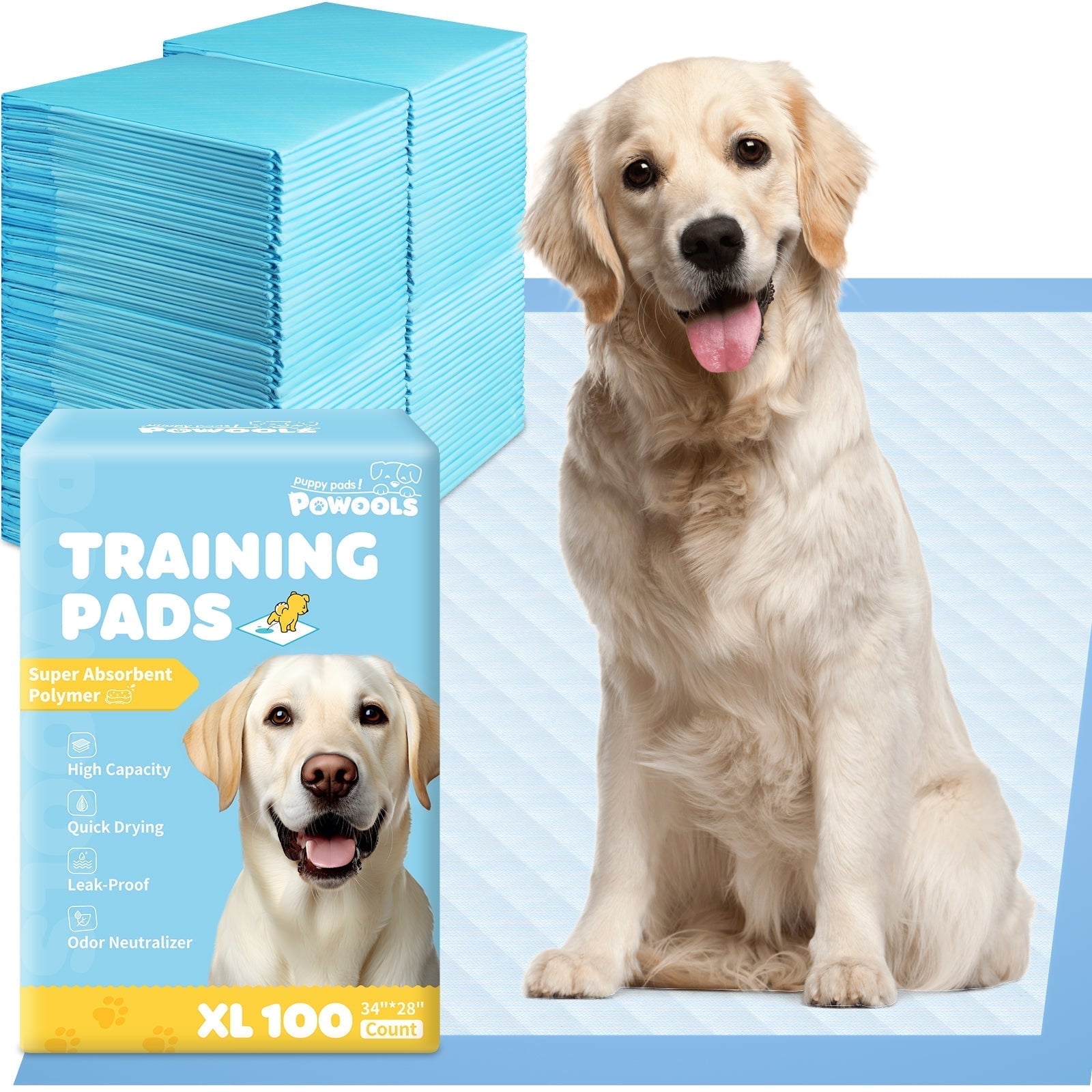 Powools Puppy Pads, 34" x 28" X-Large 6-Layer 100 Pack Dog Wee Wee Pads with Powerful Absorbency
