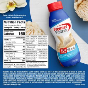 Premier Protein Shake, Vanilla, 30g Protein 1g Sugar 24 Vitamins Minerals Nutrients to Support Immune Health, 11.5 fl oz (Pack of 6)