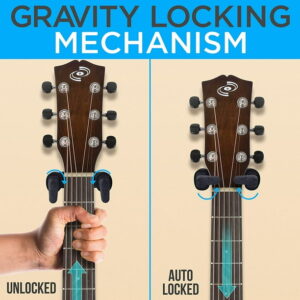 Pyle Usa Guitar Wall Hanger Mount Stand with Auto-Lock, Stringed Instrument Hook Holder with Real Wood Base.