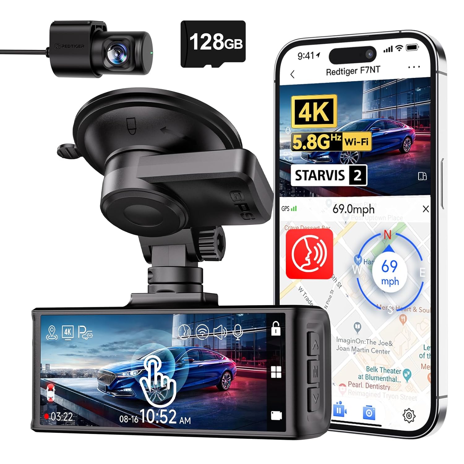 REDTIGER 4K Dash Cam Front and Rear, STARVIS 2 Sensor, Touch Screen 3.18", Voice Control, 5.8GHz WiFi Car Dash Camera, Free 128GB Card, GPS, Night Vision, Emergency Lock,...