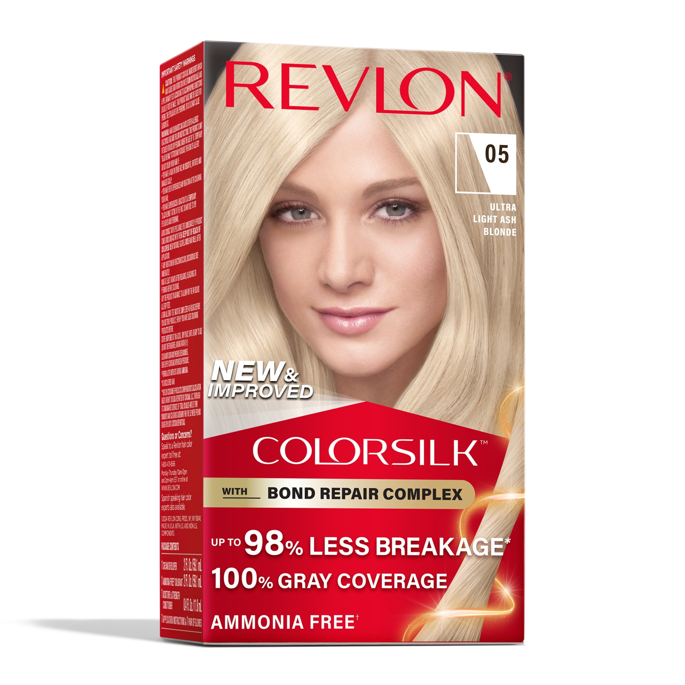 Revlon ColorSilk Permanent Hair Color, Bond Repair Complex, 05 Ultra Light Ash Blonde, 1 pack