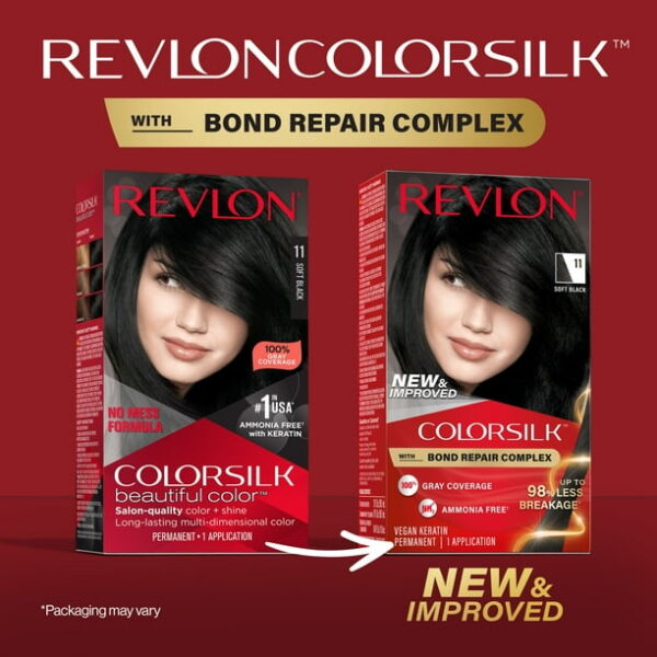 Revlon ColorSilk Permanent Hair Color, Bond Repair Complex, 11 Soft Black, 1 pack