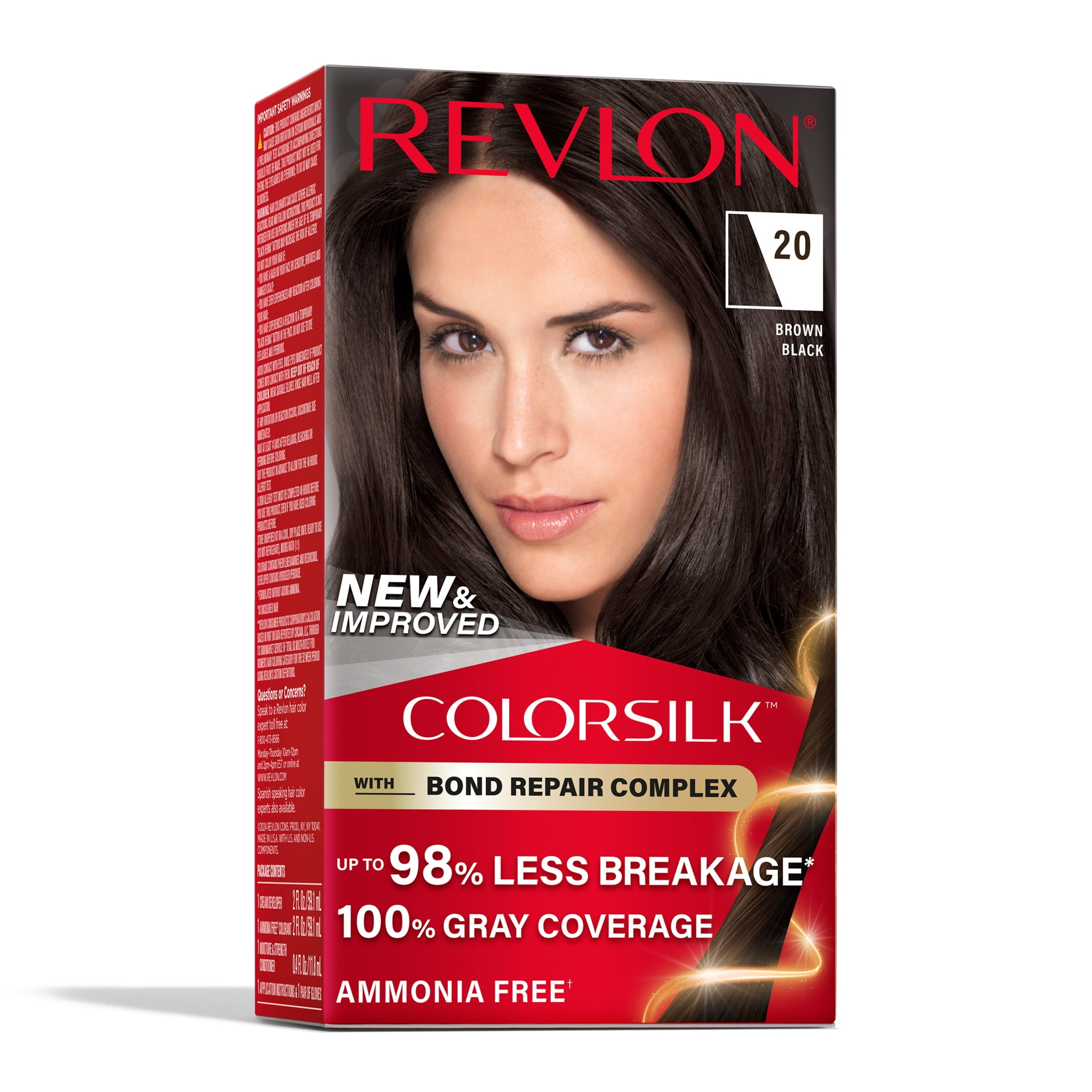 Revlon ColorSilk Permanent Hair Color, Bond Repair Complex, 20 Brown Black, 1 pack