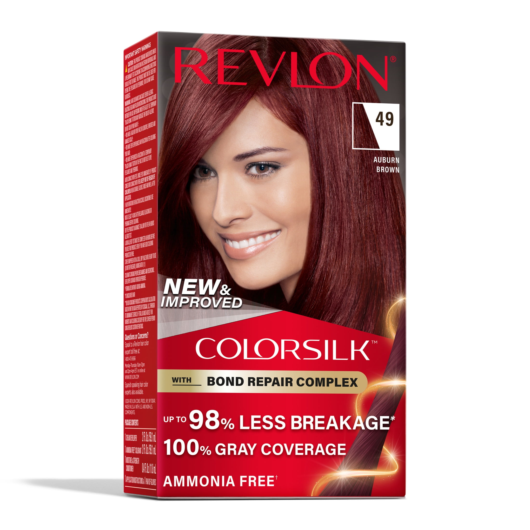 Revlon ColorSilk Permanent Hair Color, Bond Repair Complex, 49 Auburn Brown, 1 pack