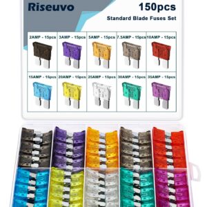 Riseuvo 150pcs Car Automotive Rv Standard Fuses - Auto ATC Blade Fuse Assortment Kit (2A 3A 5A 7.5A 10A 15A 20A 25A 30A 35A)