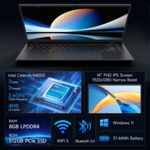 RNRUO 14 inch Windows 11 Laptops New Intel Celeron N4000 2.6Ghz 8GB RAM 512GB ROM, WiFi5 BT5.0, Notebook PC Computer Laptop for Business Student Beginner