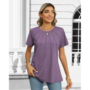 Rosvigor Blouses for Women Short Sleeve Shirts Casual Dressy Summer Tops with Pleats