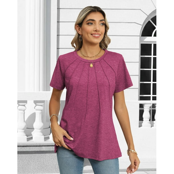 Rosvigor Blouses for Women Short Sleeve Shirts Casual Dressy Summer Tops with Pleats